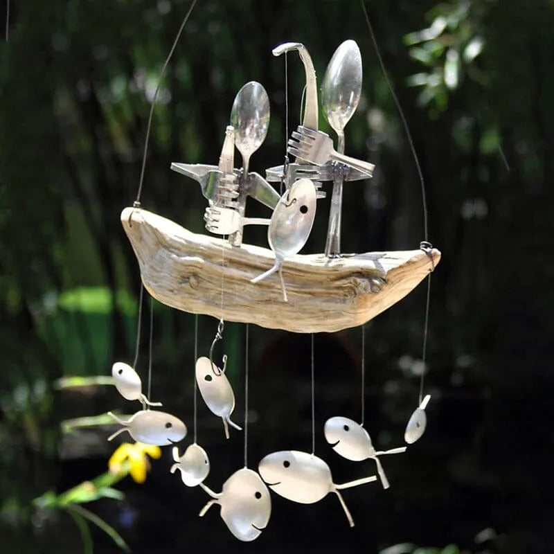 Fishing Man Spoon Fish Sculpture Wind Chime