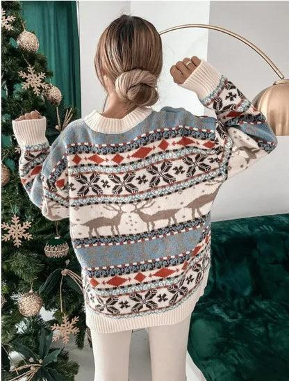 Winter Christmas Round Neck Long Sleeve Soft Cartoon Print Women Sweaters