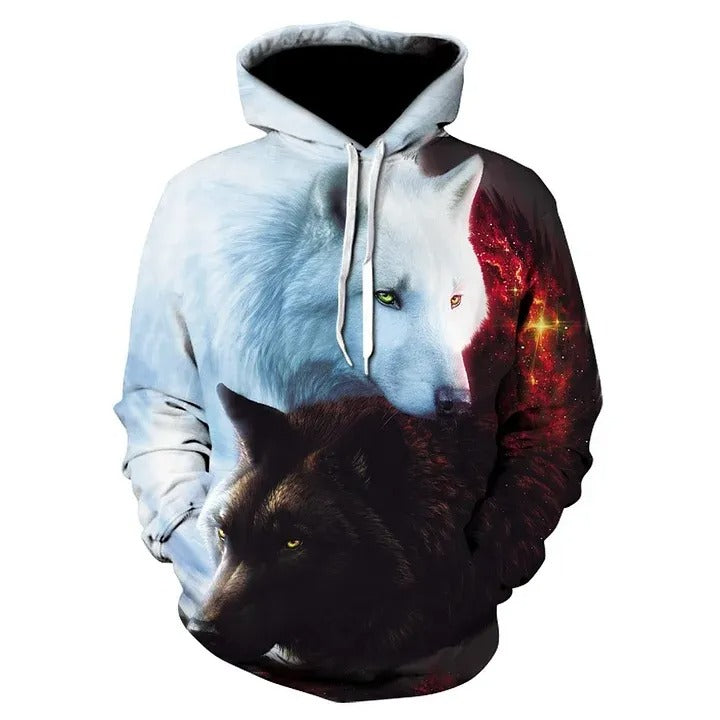 Fashionable Men's Hoodie Digital Wolf 3D Print Long Sleeve Drawstring Hooded Sweatshirt