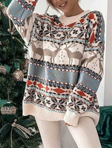 Winter Christmas Round Neck Long Sleeve Soft Cartoon Print Women Sweaters