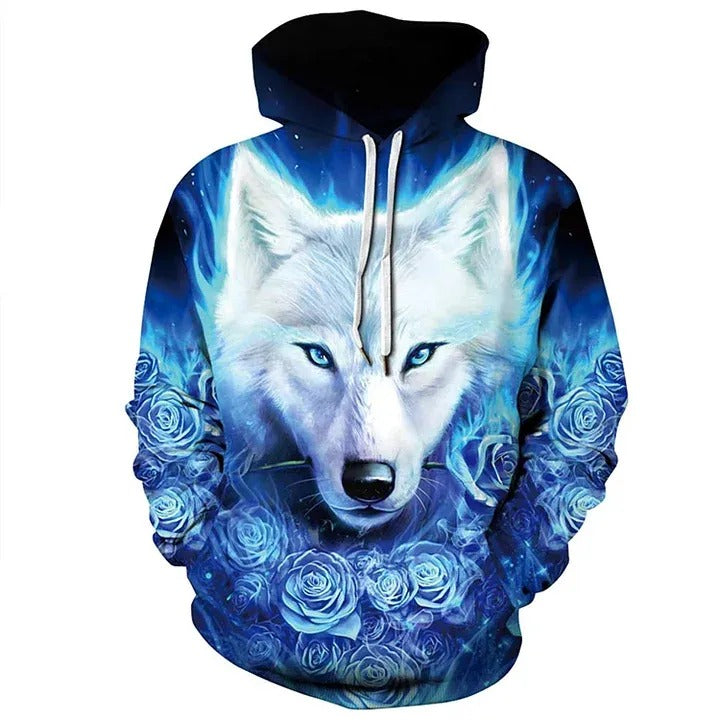 Fashionable Men's Hoodie Digital Wolf 3D Print Long Sleeve Drawstring Hooded Sweatshirt