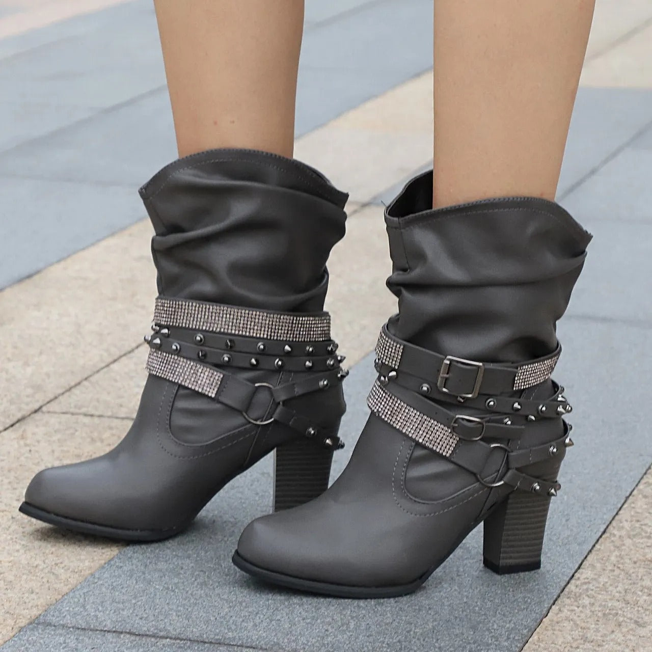 Women Fashion Short Rhinestone Booties Studded Strap Buckle Round Toe Stacked Chunky Heeled Boots