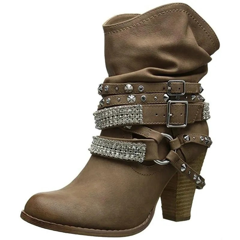 Women Fashion Short Rhinestone Booties Studded Strap Buckle Round Toe Stacked Chunky Heeled Boots