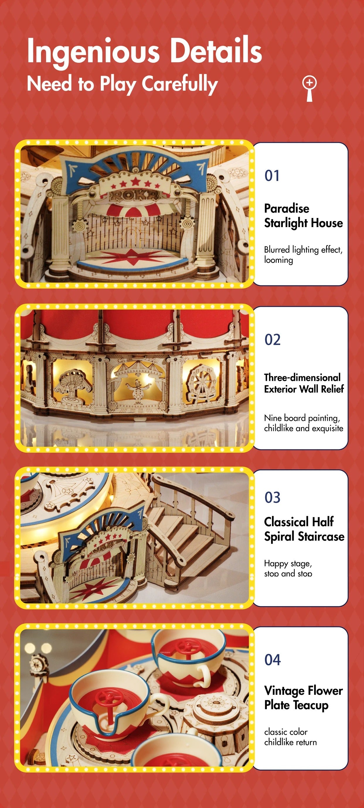 ROKR Amusement Park Series Tilt-A-Whirl Teacup 3D Wooden Puzzle Building Kit
