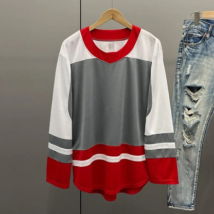 Retro Hockey-Style Printed Long Sleeve T-Shirt – Breathable & Quick-Dry