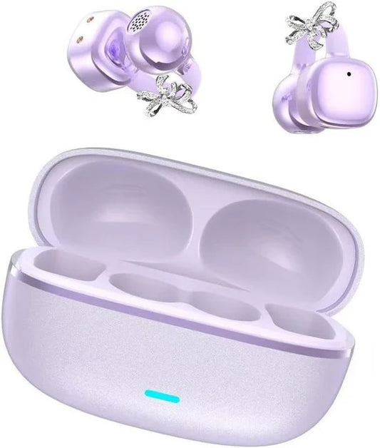 2026 New Clip-On Open-Ear Headphones – Wireless Bluetooth Earbuds with AI Noise Cancelling. Rhinestone Decor & Water Resistant
