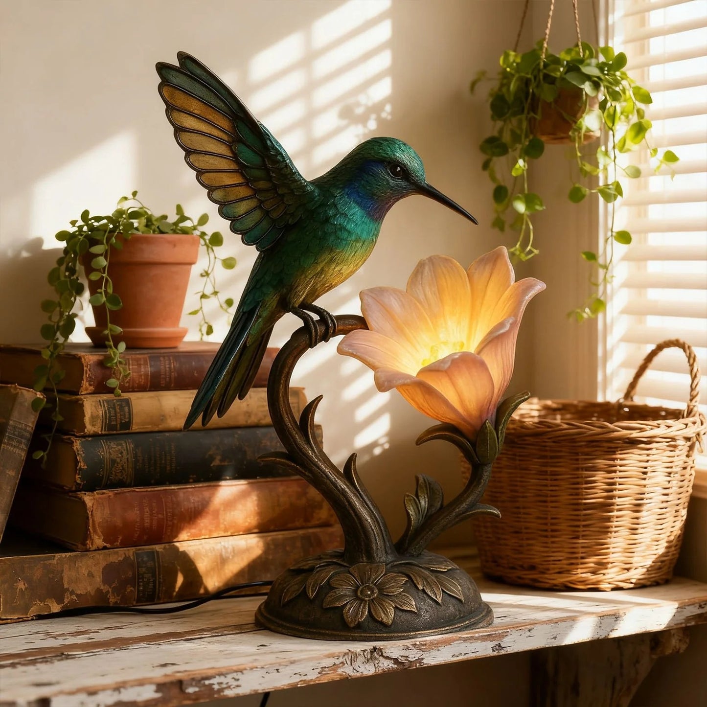“Messenger of Light” – Handcrafted Hummingbird Flower Lamp