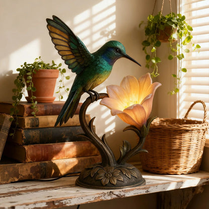 “Messenger of Light” – Handcrafted Hummingbird Flower Lamp