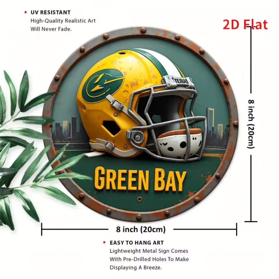 2D Flat Vintage Green Bay Football Helmet Wall Sign – 8×8 Inch Round Aluminum Display