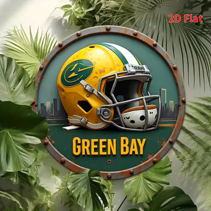 2D Flat Vintage Green Bay Football Helmet Wall Sign – 8×8 Inch Round Aluminum Display