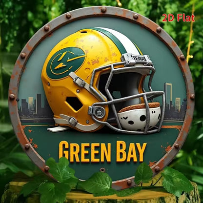 2D Flat Vintage Green Bay Football Helmet Wall Sign – 8×8 Inch Round Aluminum Display