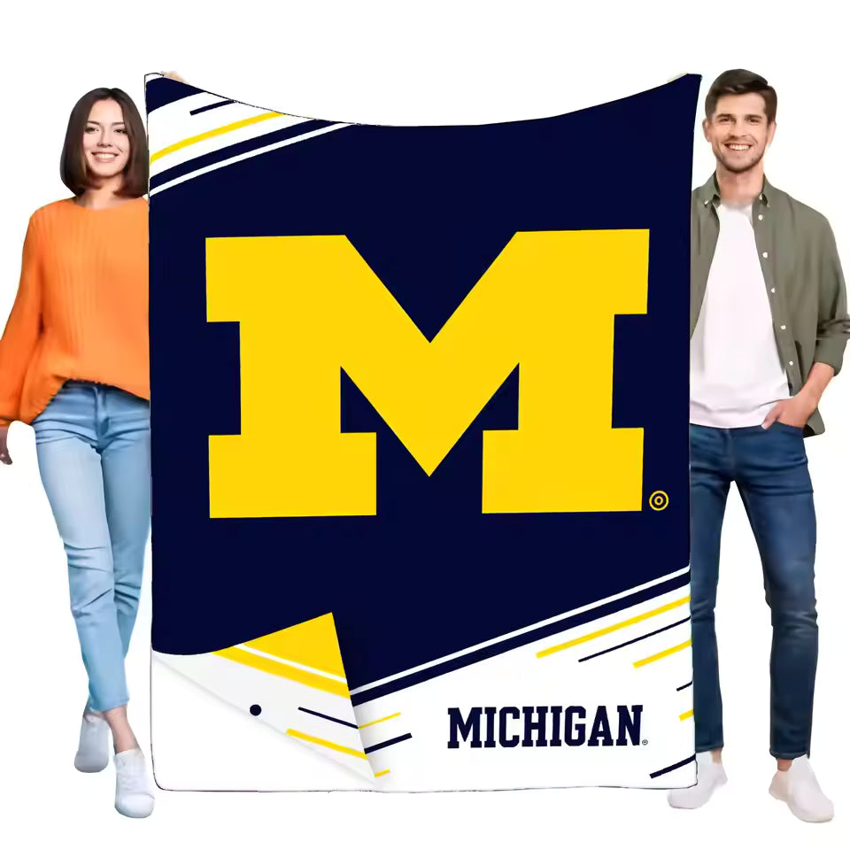 University of Michigan Logo Throw Blanket in Deep Blue with Yellow “M” and Black Lettering