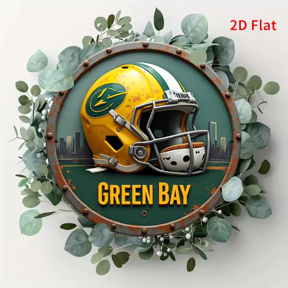 2D Flat Vintage Green Bay Football Helmet Wall Sign – 8×8 Inch Round Aluminum Display