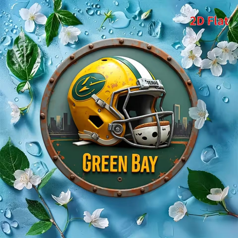2D Flat Vintage Green Bay Football Helmet Wall Sign – 8×8 Inch Round Aluminum Display