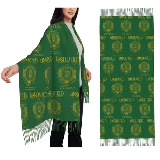 Green Bay Packers Lambeau Field Tassel Scarf for Women – Long Fall and Winter Shawl Wrap