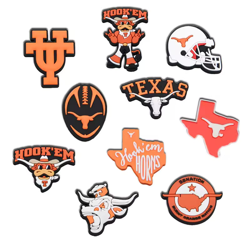 University of Hookem Texas College Sports Shoe Charms – 10pcs PVC Pins for Clogs, Backpacks & Wristbands