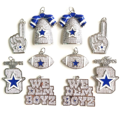 10PCS Cubic Zirconia Pave Football Charm Set – Blue Star Sports Pendants for Bracelets & Necklaces