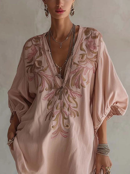 Pink Cotton Linen Mini Dress With Vintage Floral Embroidery