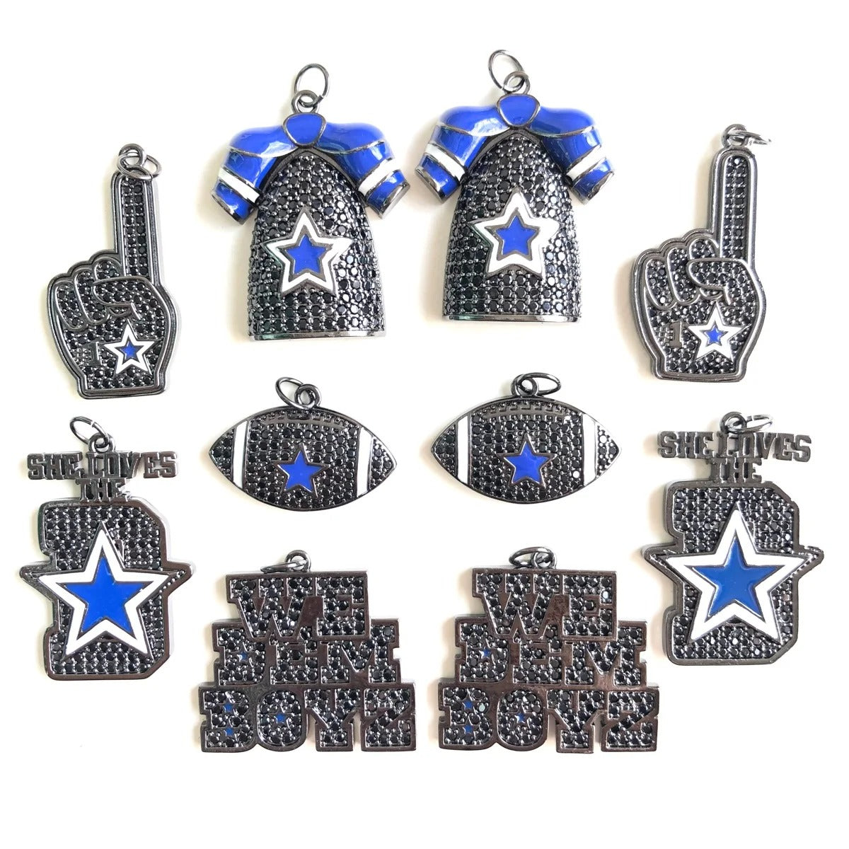 10PCS Cubic Zirconia Pave Football Charm Set – Blue Star Sports Pendants for Bracelets & Necklaces