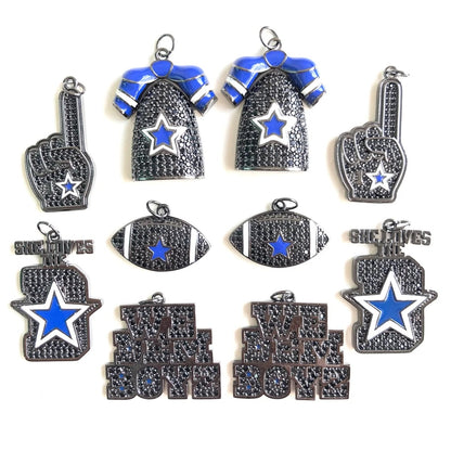 10PCS Cubic Zirconia Pave Football Charm Set – Blue Star Sports Pendants for Bracelets & Necklaces