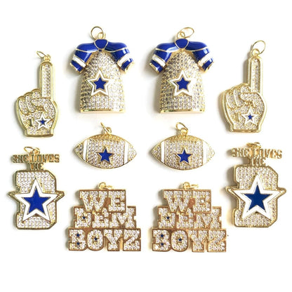 10PCS Cubic Zirconia Pave Football Charm Set – Blue Star Sports Pendants for Bracelets & Necklaces