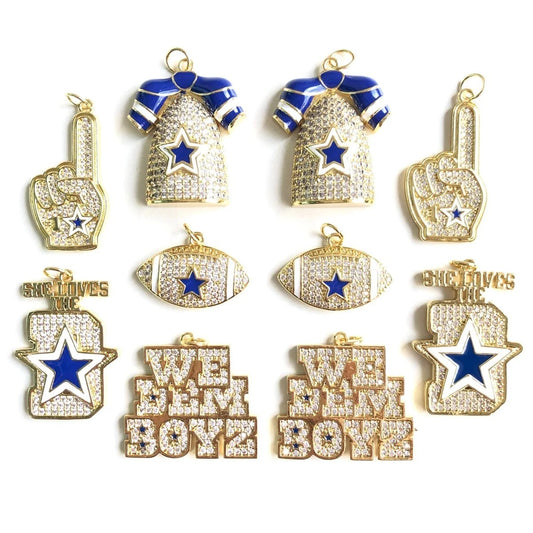 10PCS Cubic Zirconia Pave Football Charm Set – Blue Star Sports Pendants for Bracelets & Necklaces