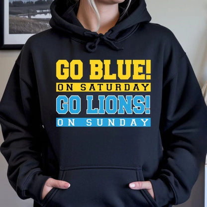 Women’s “Go Blue Saturday, Go Lions Sunday” Football Hoodie – Michigan Wolverines & Detroit Lions Fan Sweatshirt