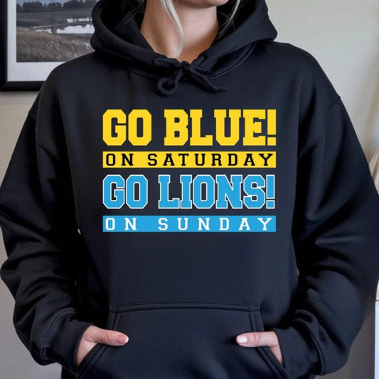 Women’s “Go Blue Saturday, Go Lions Sunday” Football Hoodie – Michigan Wolverines & Detroit Lions Fan Sweatshirt
