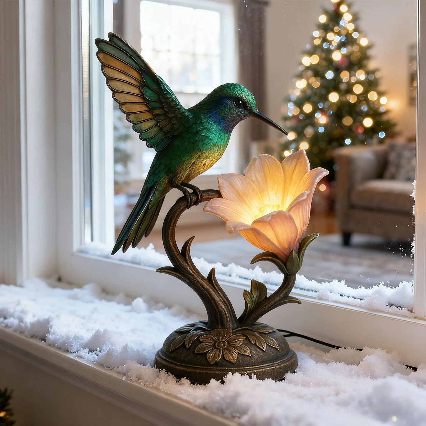 “Messenger of Light” – Handcrafted Hummingbird Flower Lamp