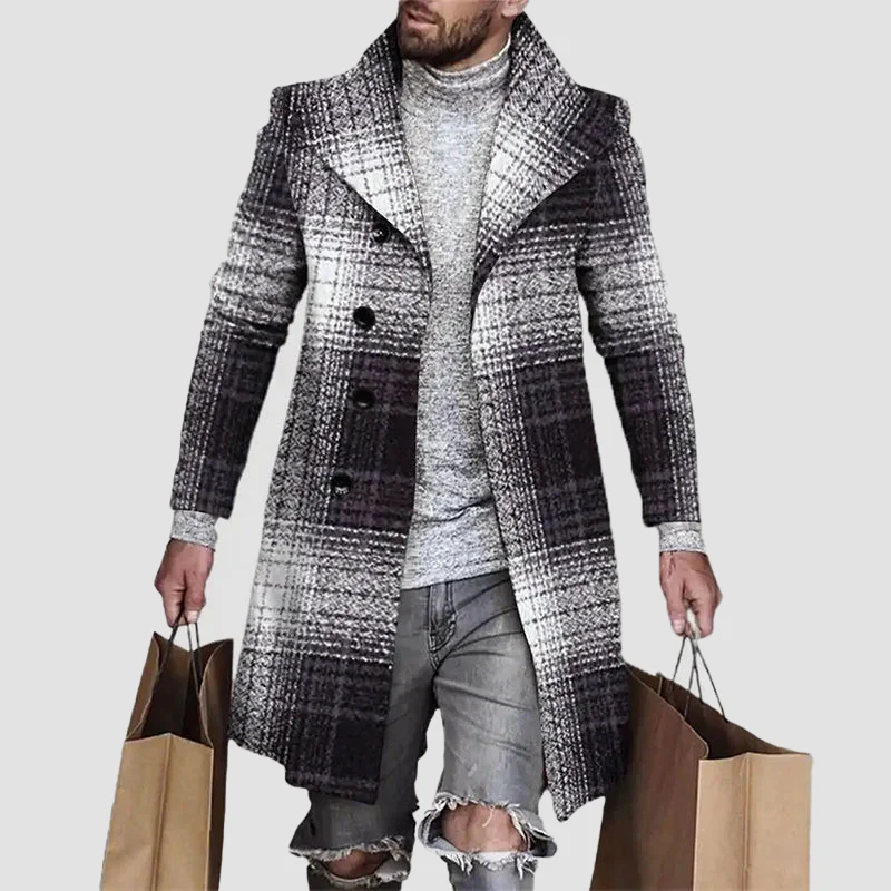 Oscar Wool-Blend Double-Breasted Overcoat | Plaid Mid-Thigh Overcoat