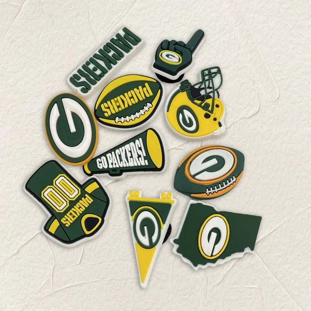 10pcs Green Bay Packers Sport Themed Shoe Charms for Clogs and Slides – PVC Decorative Accessories for Gifts and Parties