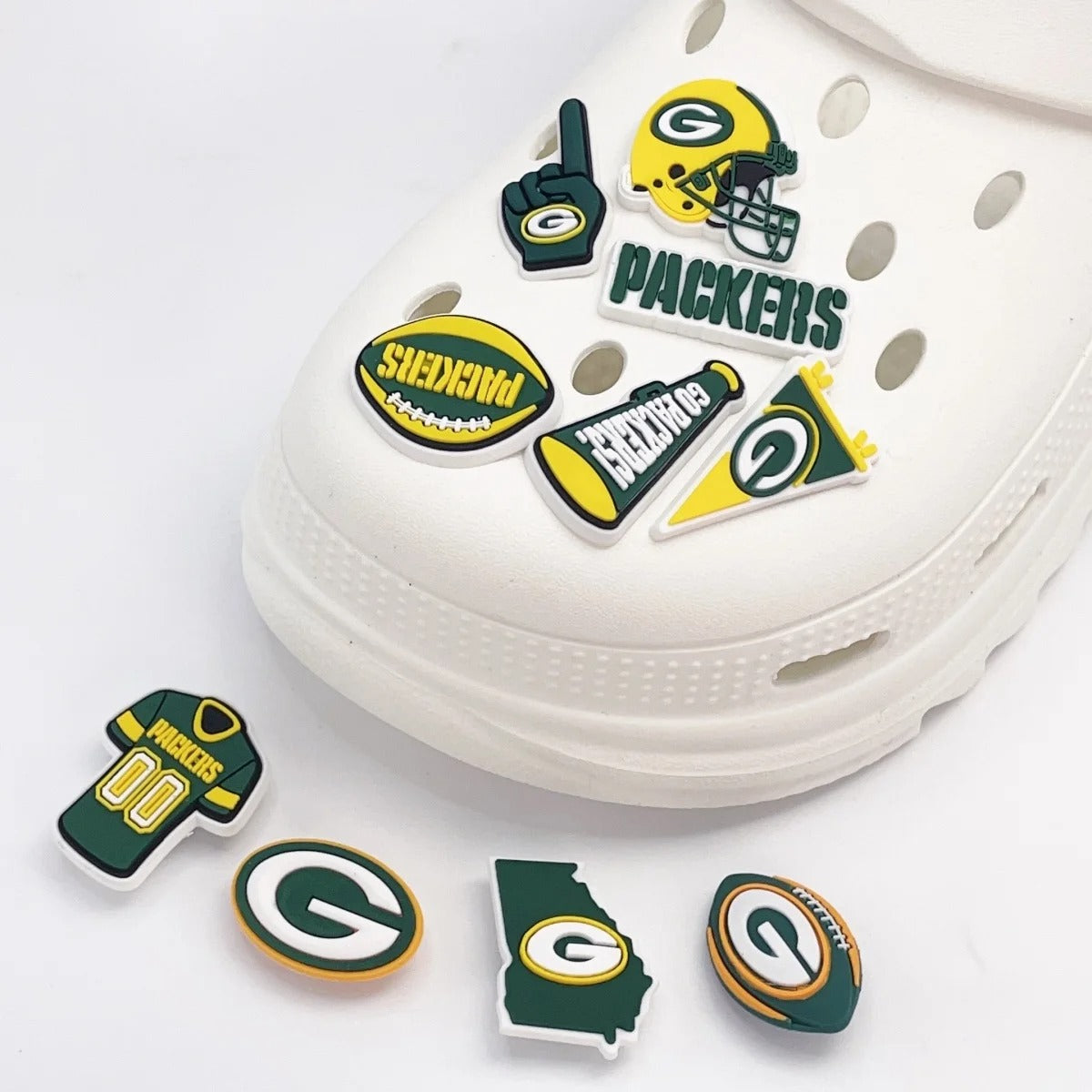 10pcs Green Bay Packers Sport Themed Shoe Charms for Clogs and Slides – PVC Decorative Accessories for Gifts and Parties