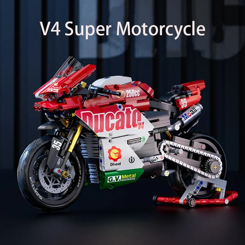 Technical V4 Motorcycle Building Blocks Set – Super Motorbike Model Kit for Kids, Racing Bricks Toy Gift
