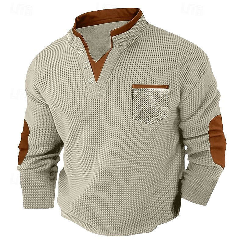 Waffle Knit Henley Shirt with Contrast Trim