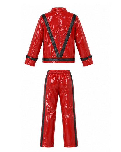 Kids Pop King Outfit Red PU Leather Jacket and Pants 2pcs Suit for Halloween Cosplay