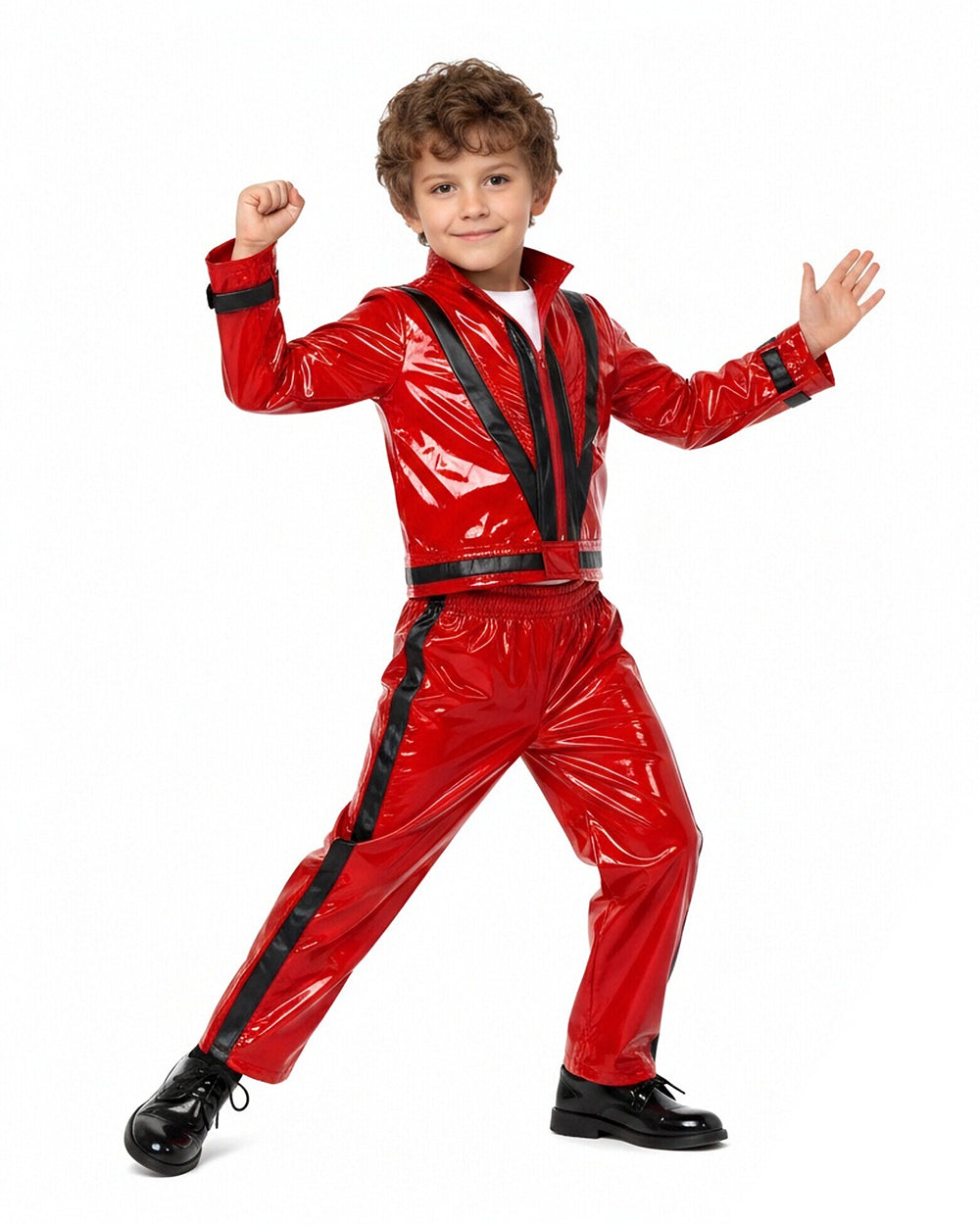 Kids Pop King Outfit Red PU Leather Jacket and Pants 2pcs Suit for Halloween Cosplay