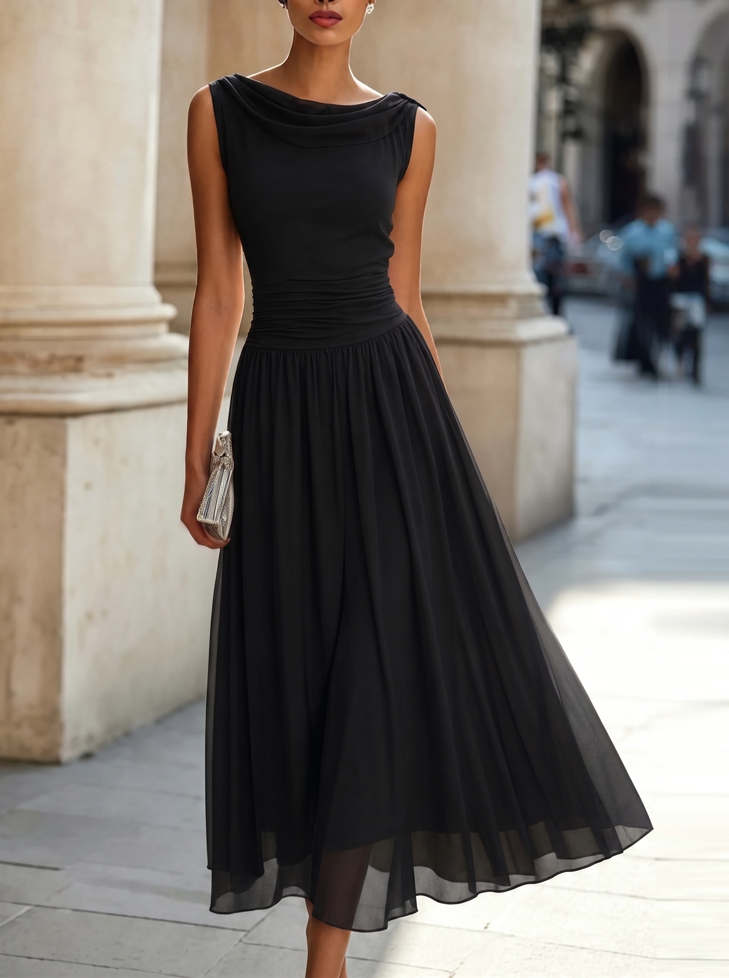 Elodie | Draped Neck Sleeveless Midi Dress