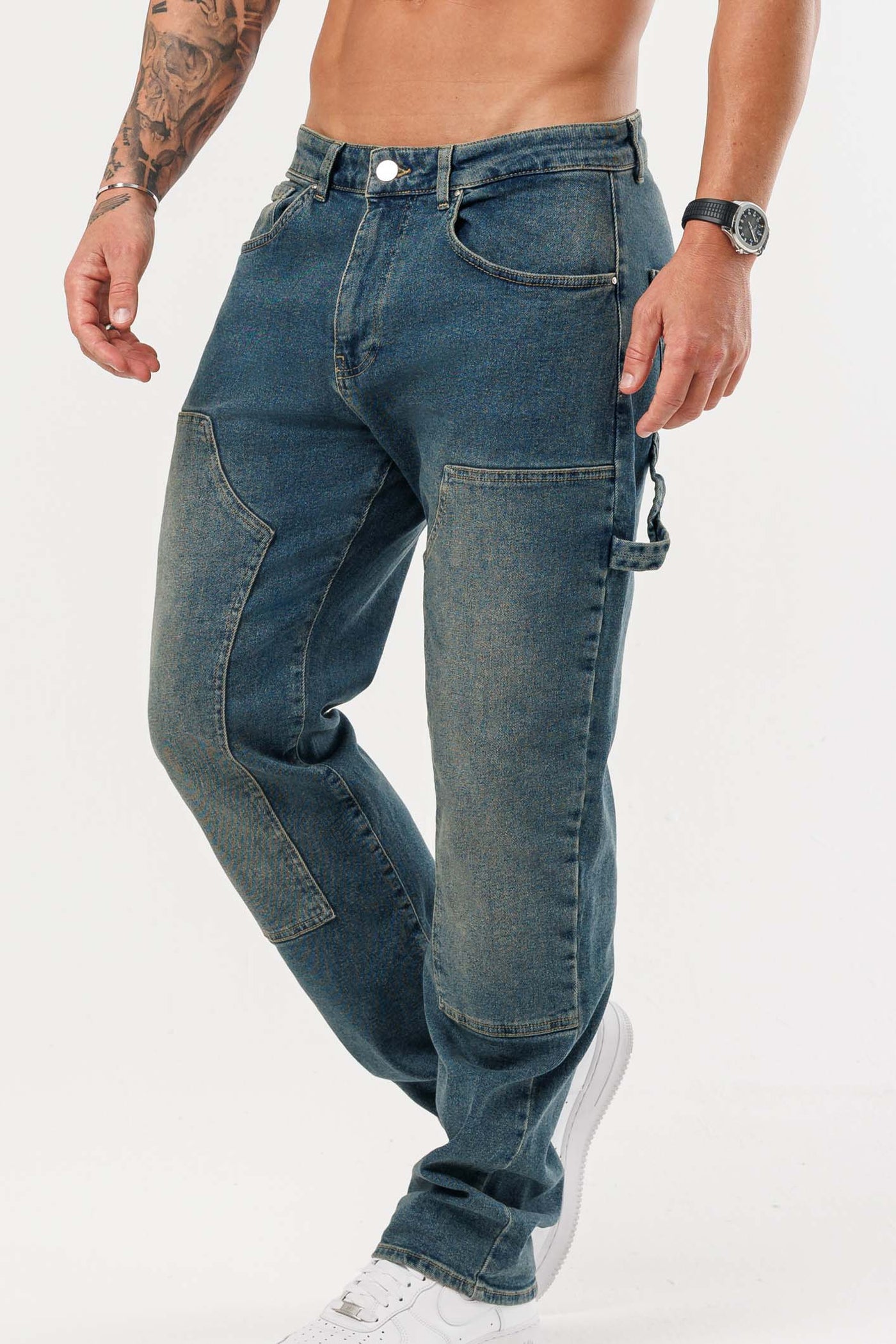 Zenith carpenter jeans in washed stone blue, full-length view