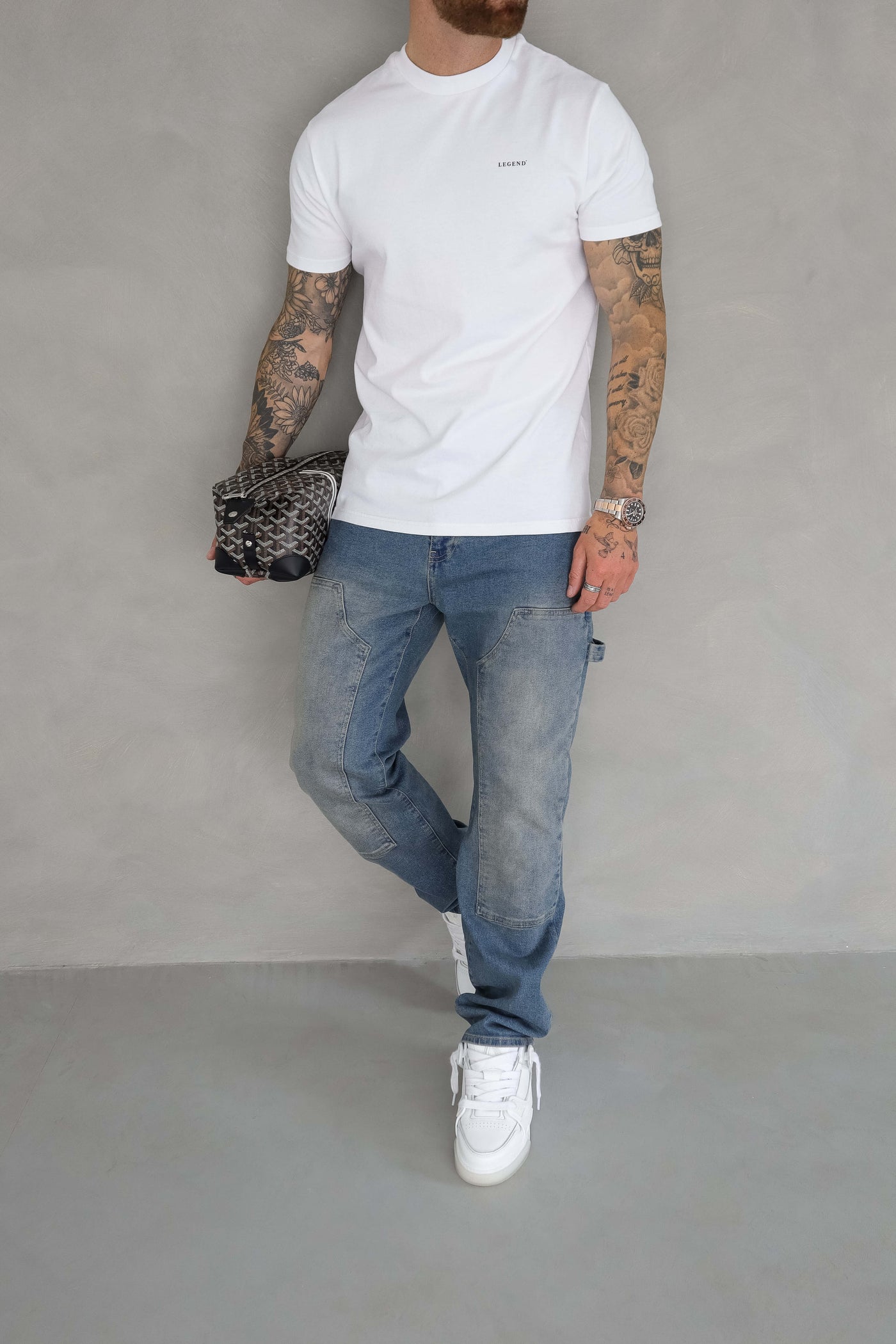 Zenith carpenter jeans styled with a plain tee and trainers