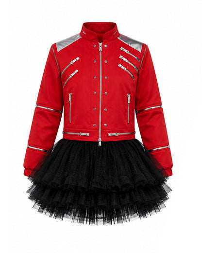 Girls King of Pop Costume Red Jacket Skirt T-shirt and Hat Full Set for Dress-up Party