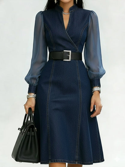 Stylish Denim Dress With Organza Sleeve Panels