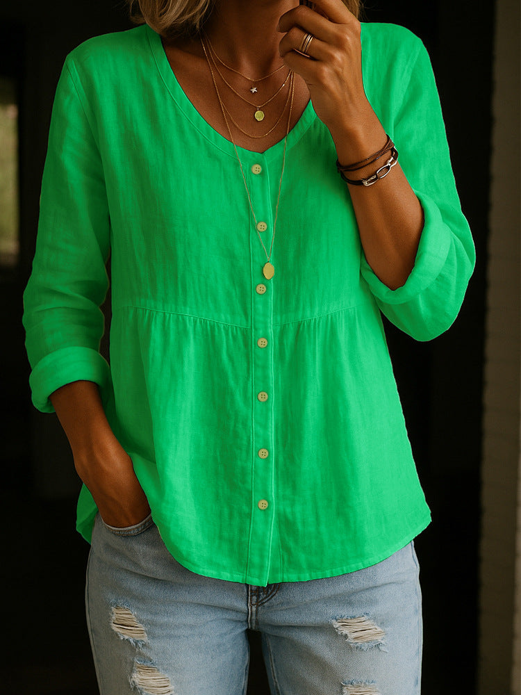 Women's Linen Cotton Blend Shirt - 3/4 Sleeve Crew Neck Loose Hip-Length Casual Blouse