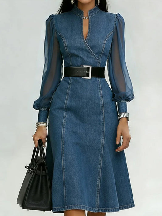 Stylish Denim Dress With Organza Sleeve Panels