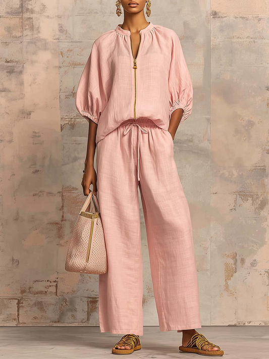 Stylish Cozy Shirt Wide-Leg Pants Linen Cotton Two-Piece Set