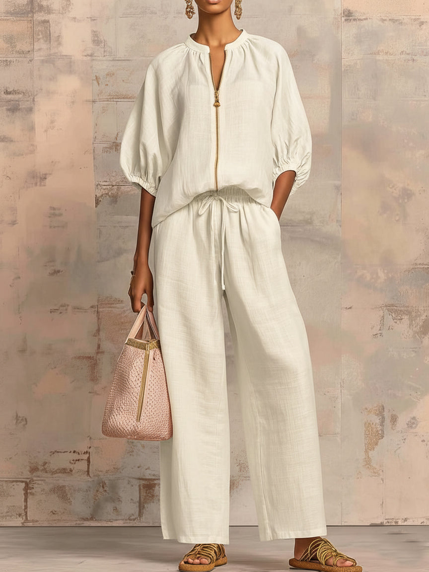 Stylish Cozy Shirt Wide-Leg Pants Linen Cotton Two-Piece Set