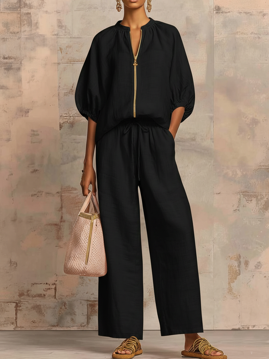 Stylish Cozy Shirt Wide-Leg Pants Linen Cotton Two-Piece Set