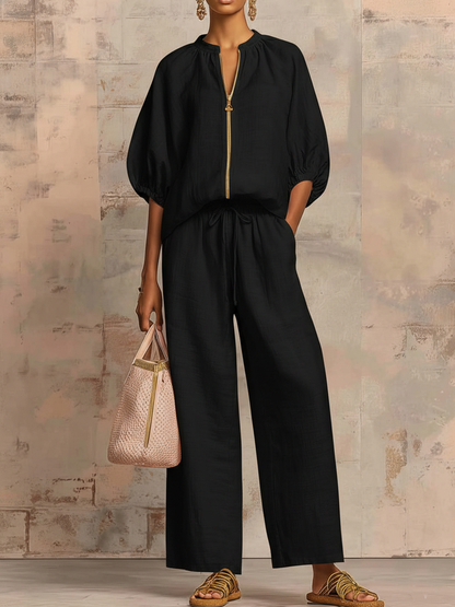 Stylish Cozy Shirt Wide-Leg Pants Linen Cotton Two-Piece Set