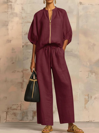 Stylish Cozy Shirt Wide-Leg Pants Linen Cotton Two-Piece Set