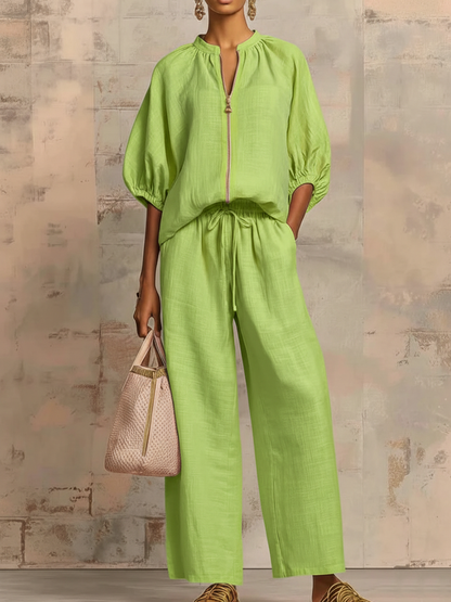 Stylish Cozy Shirt Wide-Leg Pants Linen Cotton Two-Piece Set