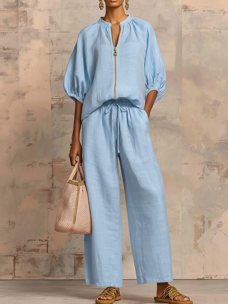 Stylish Cozy Shirt Wide-Leg Pants Linen Cotton Two-Piece Set